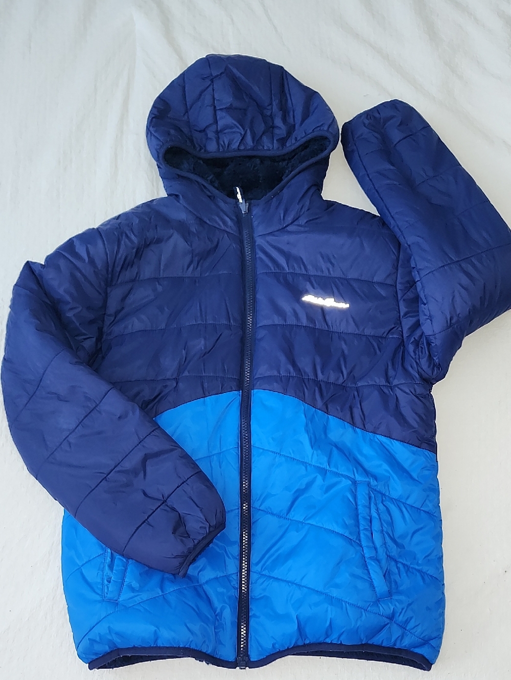 Eddie Bauer Navy and Bright Blue Kids Double Sided Hooded Puffer Jacket